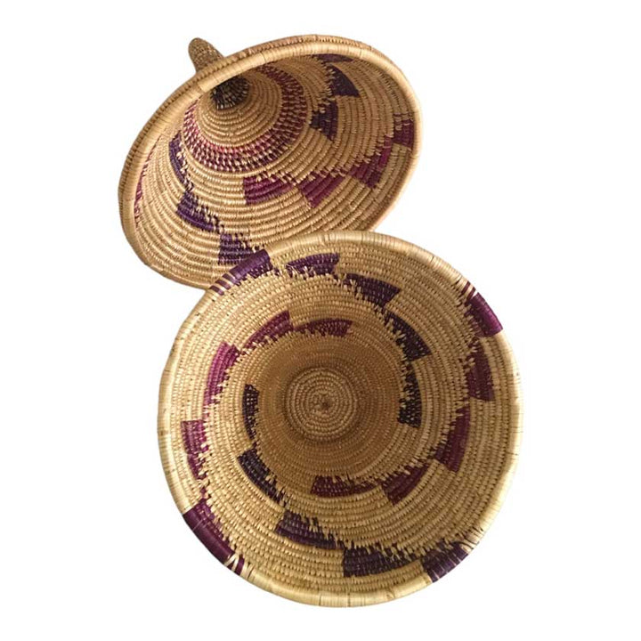Close-up of Vintage Handwoven Tutsi Basket Set showcasing intricate Rwandan craftsmanship and natural materials