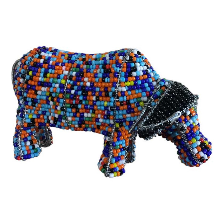 Close-up view of the Handmade African Bead & Wire Buffalo sculpture, showcasing its intricate beadwork, wire craftsmanship, and lifelike buffalo design