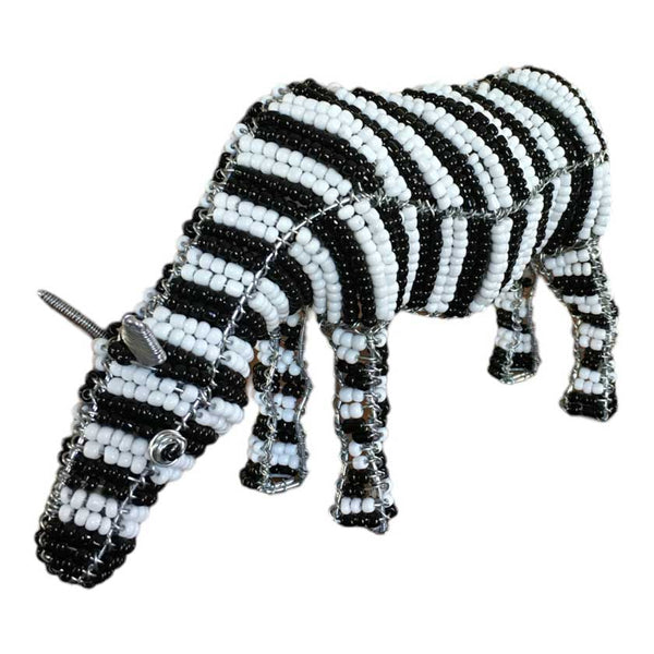 Close-up of a Handmade African Bead & Wire Zebra sculpture, showcasing intricate beadwork and wire craftsmanship, a vibrant and unique piece of African art.
