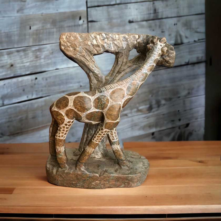 Giraffe eating from tree stone sculpture | Dilwana-African craft shop