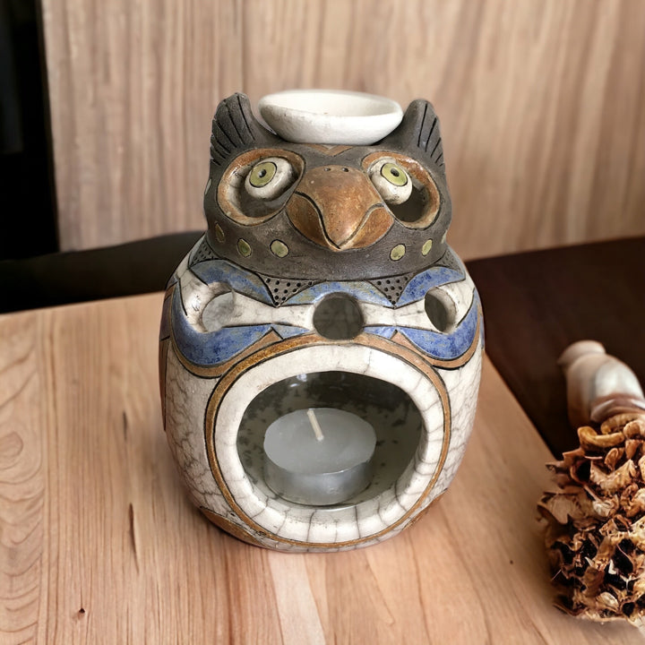 Handcrafted Raku Pottery Essential Oil Diffuser owl design | Aromatherapy Home Decor