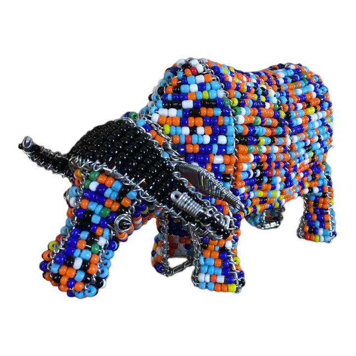 Close-up view of the Handmade African Bead & Wire Buffalo sculpture, showcasing its intricate beadwork, wire craftsmanship, and lifelike buffalo design