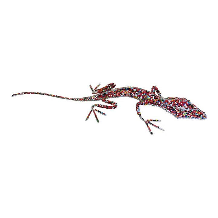 Vibrantly colored Handmade African Bead & Wire Lizard sculpture, showcasing intricate beadwork and wire craftsmanship, a celebration of African artistry and wildlife