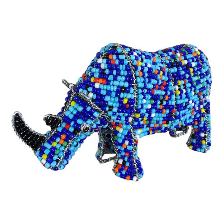 Vibrant handmade African bead and wire rhino sculpture, showcasing intricate craftsmanship and cultural significance, ideal for African art enthusiasts and home decor