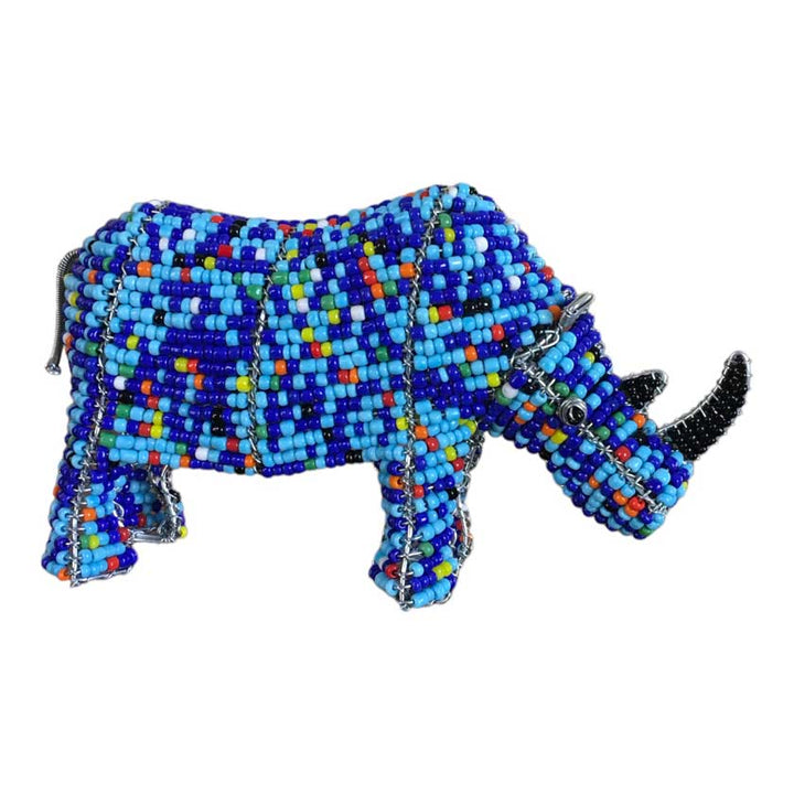 Vibrant handmade African bead and wire rhino sculpture, showcasing intricate craftsmanship and cultural significance, ideal for African art enthusiasts and home decor