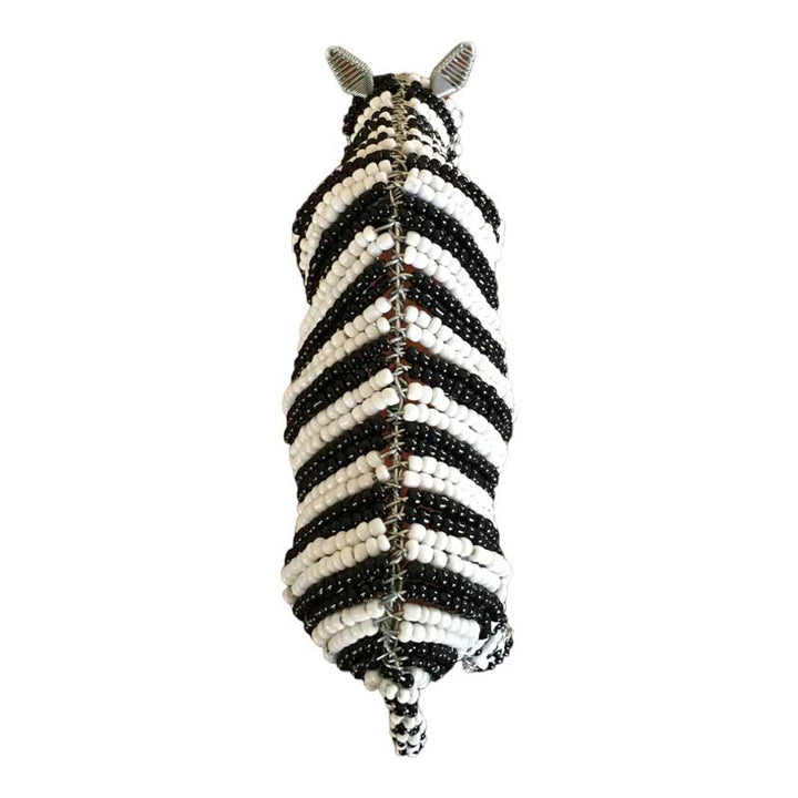 Close-up of a Handmade African Bead & Wire Zebra sculpture, showcasing intricate beadwork and wire craftsmanship, a vibrant and unique piece of African art.