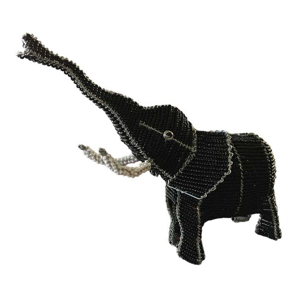 Close-up of Handmade African Wire and Bead Elephant sculpture showcasing intricate wire and bead craftsmanship and vibrant African-inspired design