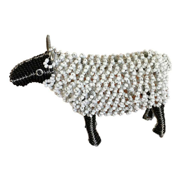 Close-up view of the Handmade African Bead & Wire Sheep sculpture, showcasing its intricate beadwork, wire craftsmanship, and lifelike sheep design