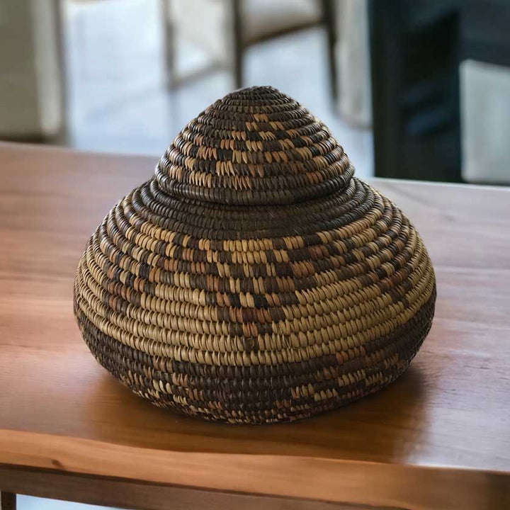 Vintage African Zulu Tribal Hand Woven Basket | Lidded Ukhamba Design